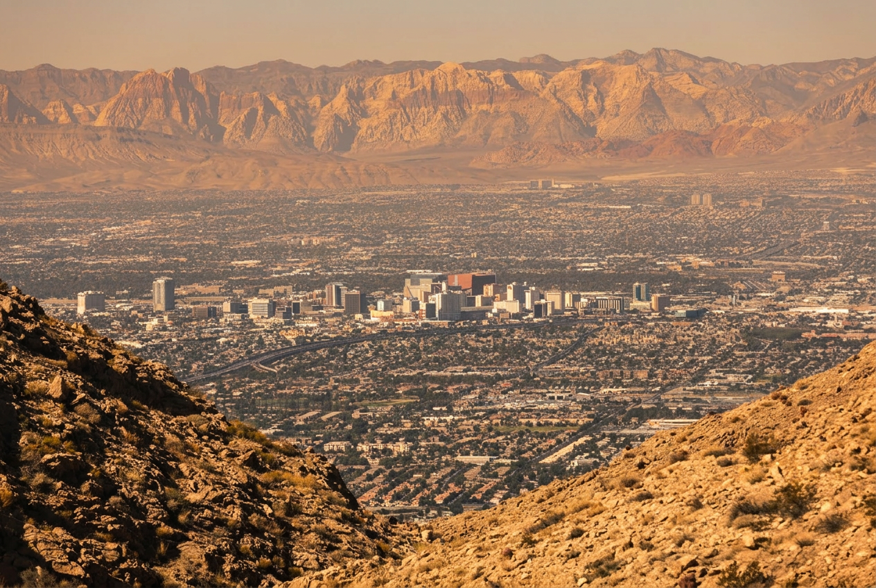 Golden hour view of the southwest Las Vegas valley with desert mountains